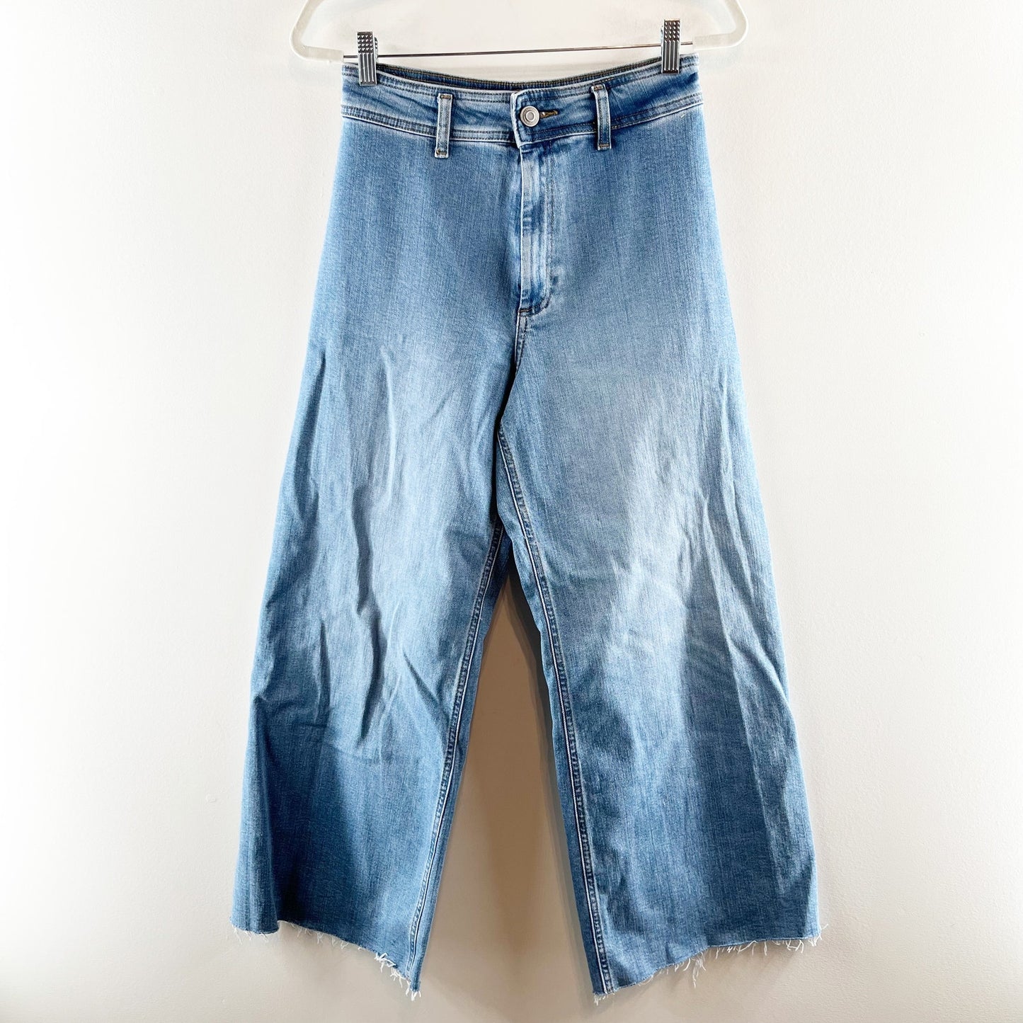 ZARA High Rise Wide Leg Raw Hem Marine Jeans Blue 8