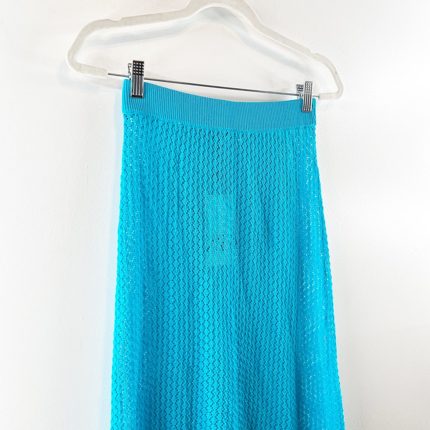 Zara Pointelle Pull On High-Waisted Knit Coverup Maxi Skirt Aqua Blue Small