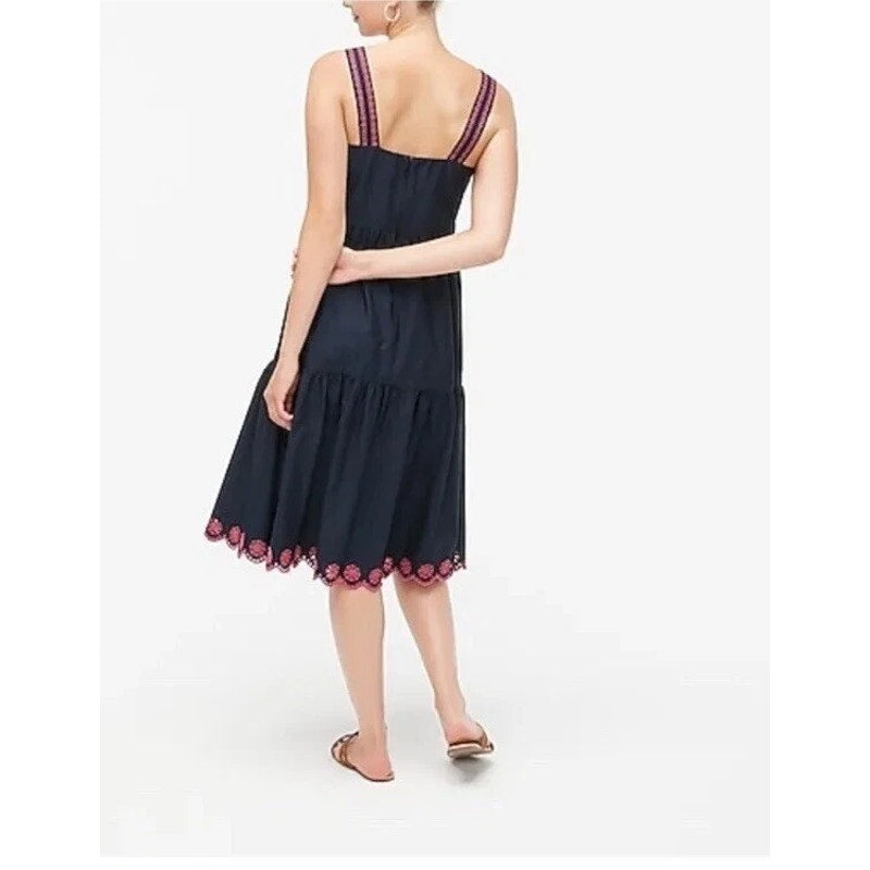 J. Crew Embroidered Floral Sleeveless Scalloped Midi Dress Navy Blue 12