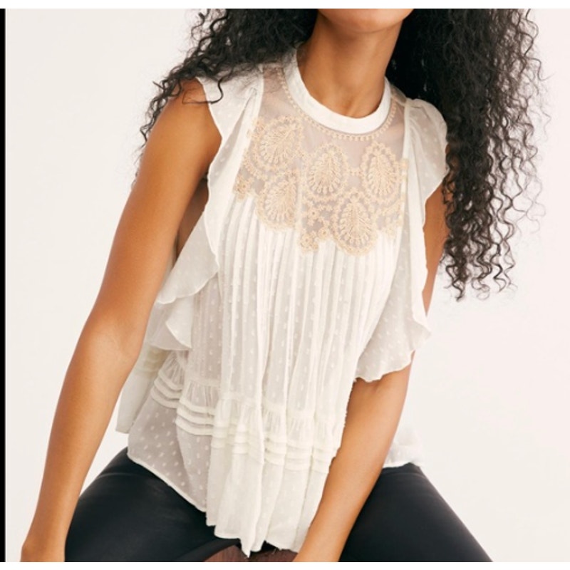 Free People Party's Not Over Embroidered Ruffle Tank Top Blouse White XS