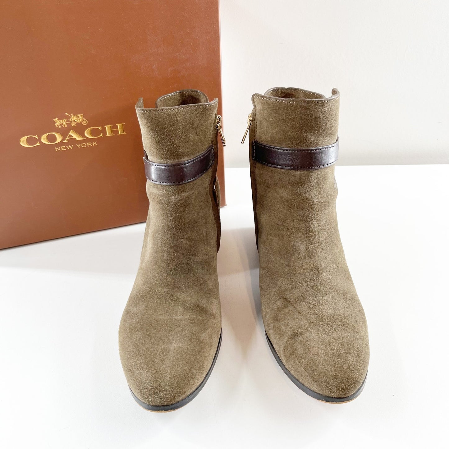 Coach Paulina Block Stacked Heel Suede Ankle Boots Booties Fatigue Chestnut 9