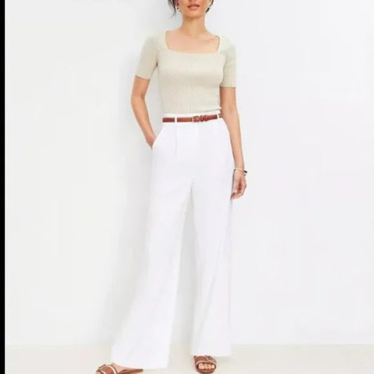 LOFT The High Rise Linen Peyton Trouser Wide Leg Pants White 12