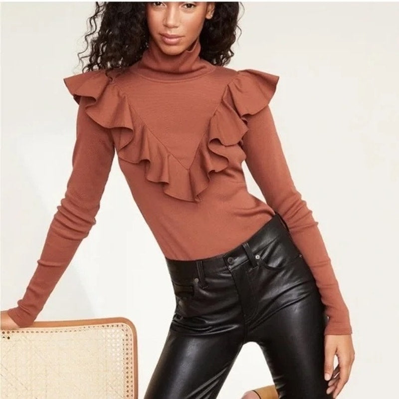 Veronica Beard Avalon Rib Ruffle Trim Long Sleeve Turtleneck Top Nutmeg Brown XS