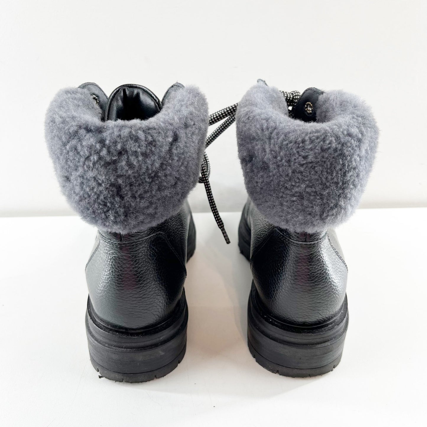 M Gemi Alpi Lace Up Ankle Combat Boots Shearling Faux Fur Trim Black 7.5