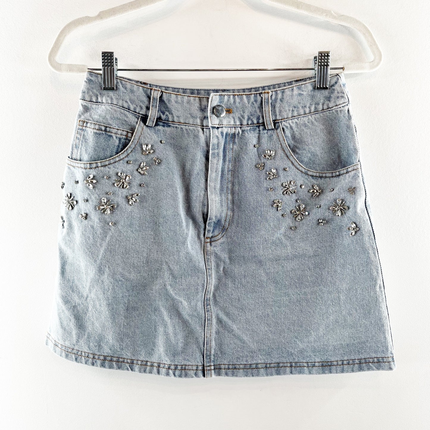 Vici Midnight Muse Rhinestone Studded Denim Mini Skirt Blue Small