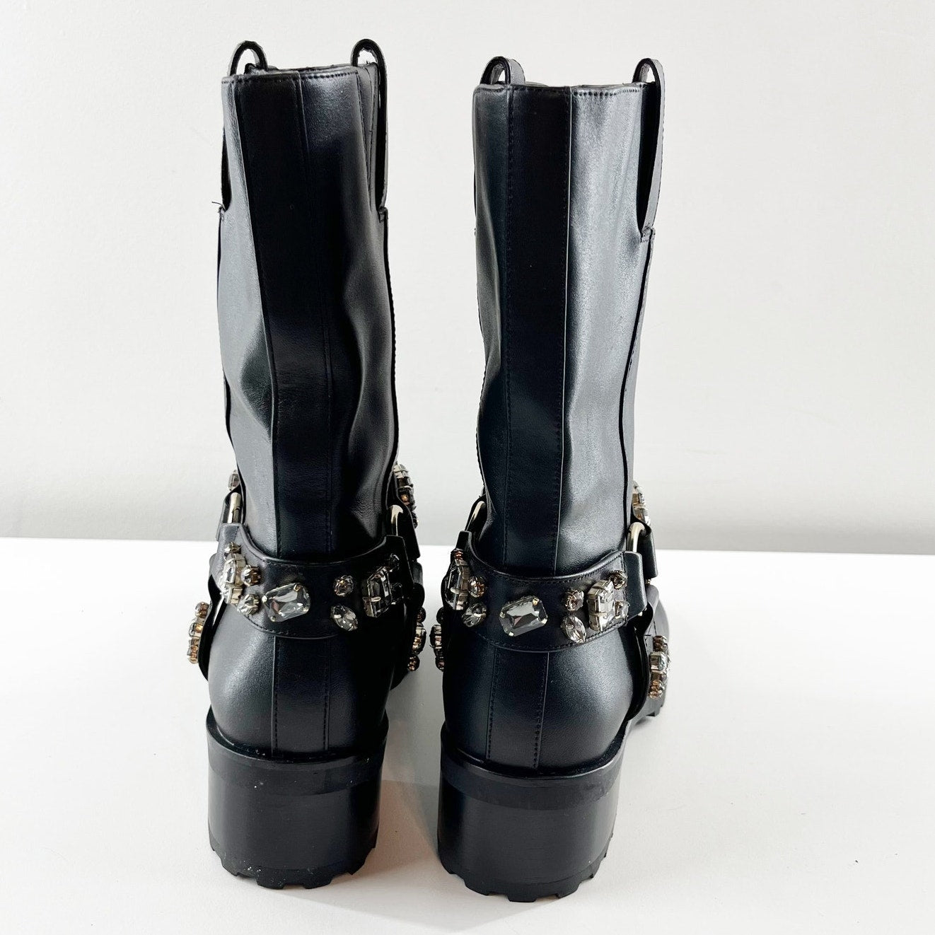 White House Black Market Leather Studded Harness Moto Boots Black 8