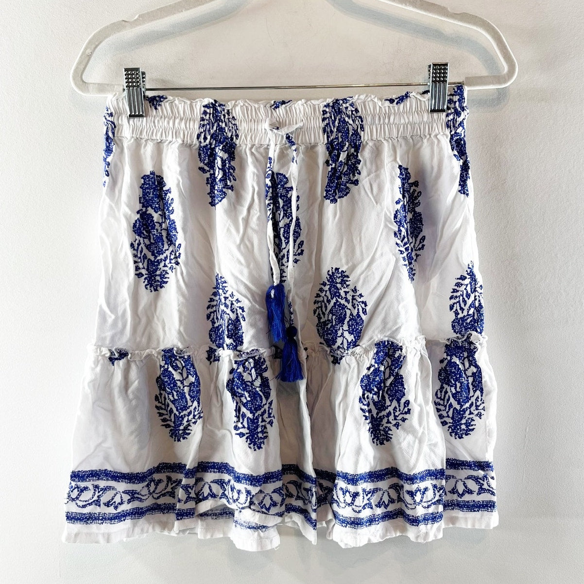 Devi Floral Print Pull On Drawstring Waist Mini Skirt White Blue Large