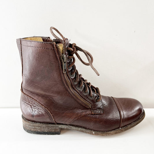FRYE Tyler Lace Up Leather Combat Moto Ankle Boots Booties Brown 8.5