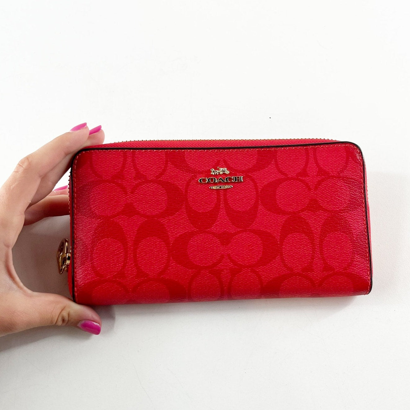 Coach Monogram Logo Zip Around Long Wallet Signature Red Leather