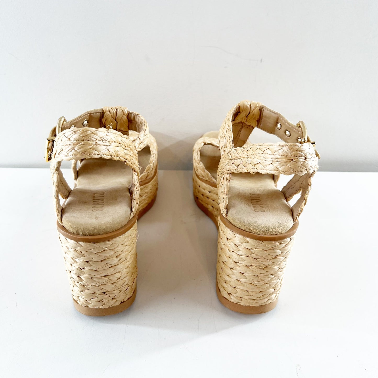 Schutz Panna Braided T Strap Wedge Platform Raffia Shoes Sandals Tan 7.5