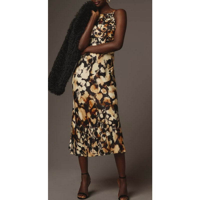 Conditions Apply Anthropologie High Neck Midi Slip Dress Leopard Black Tan Small