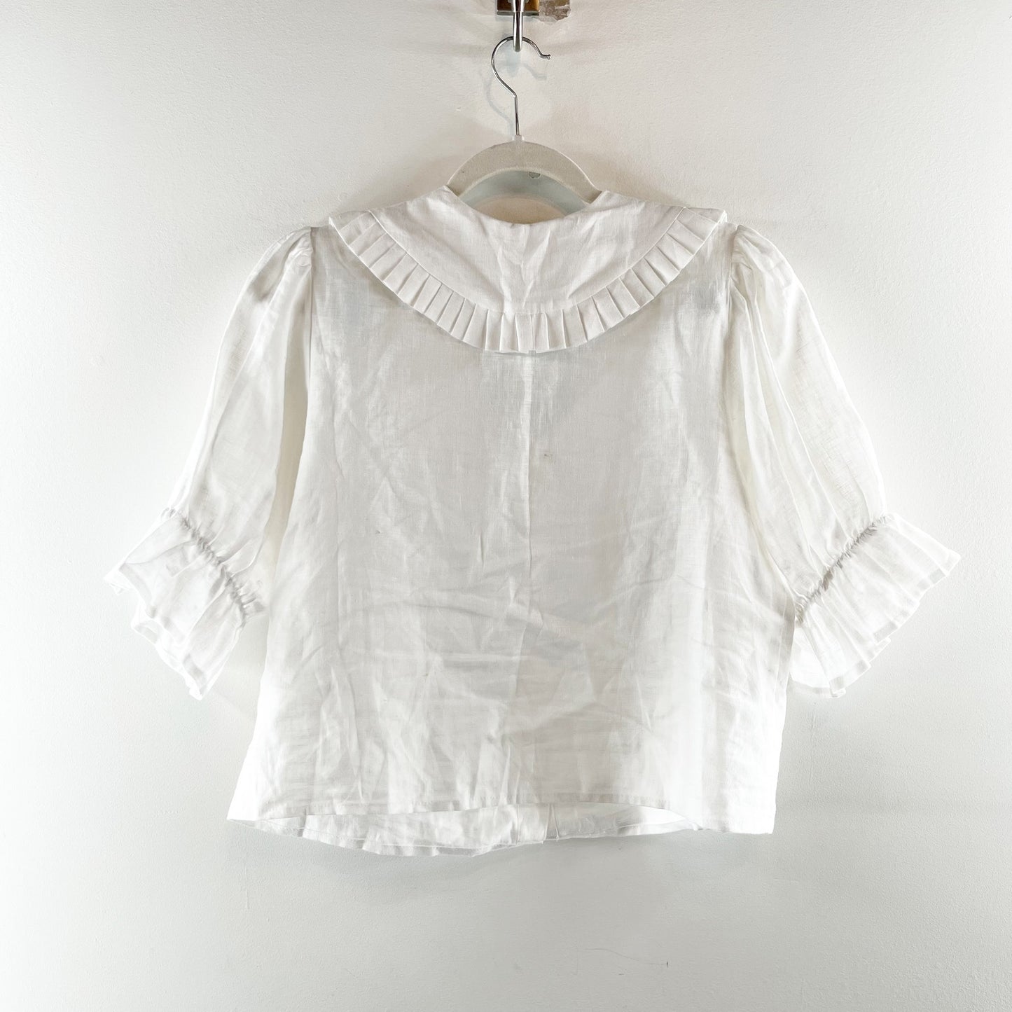 Rouri Linen Peter Pan Collar Puff Sleeve Cropped Blouse Top White Small