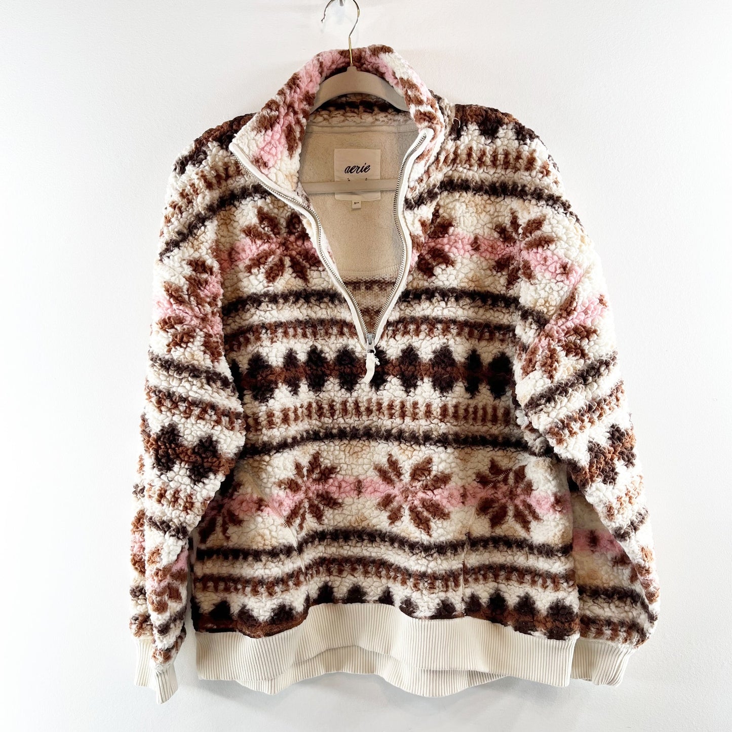 Aerie Hometown Holiday 1/4 Zip Fair Isle Sherpa Fleece Pullover Jacket White S