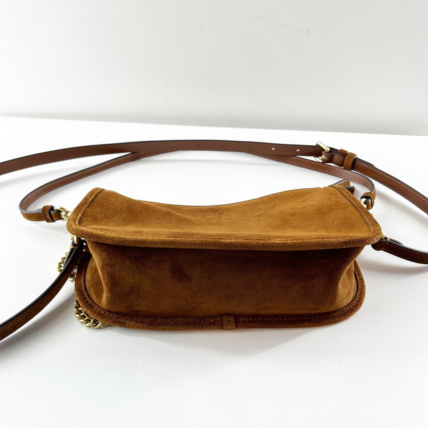 Coach Suede Waverly Shoulder Handbag Purse with Chain Strap Warm Brown