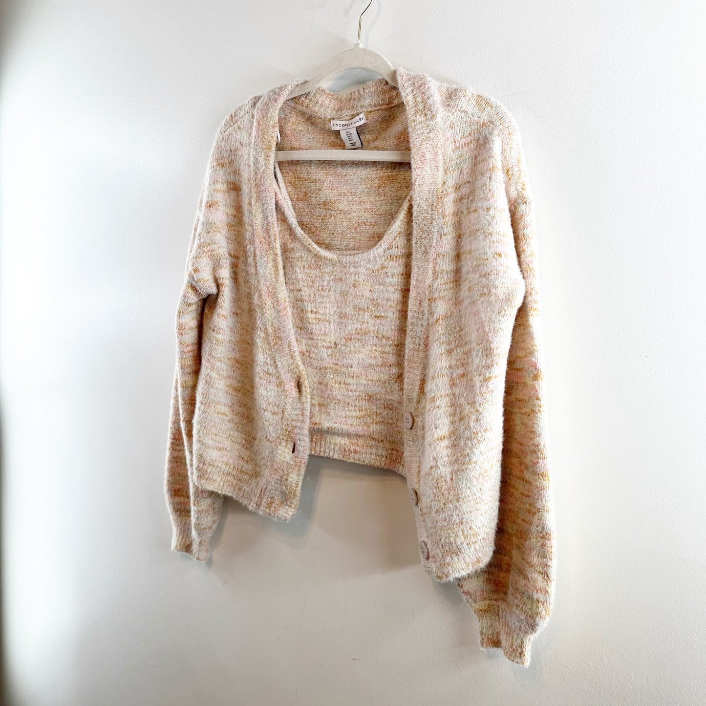 Sincerely Jules Fuzzy Cropped Tank and Cardigan Matching Set Spacedye Pink Small