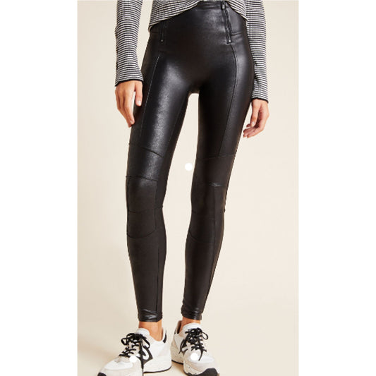 Spanx Pull On High Waisted Hip-Zip Faux Leather Skinny Leggings Black Medium