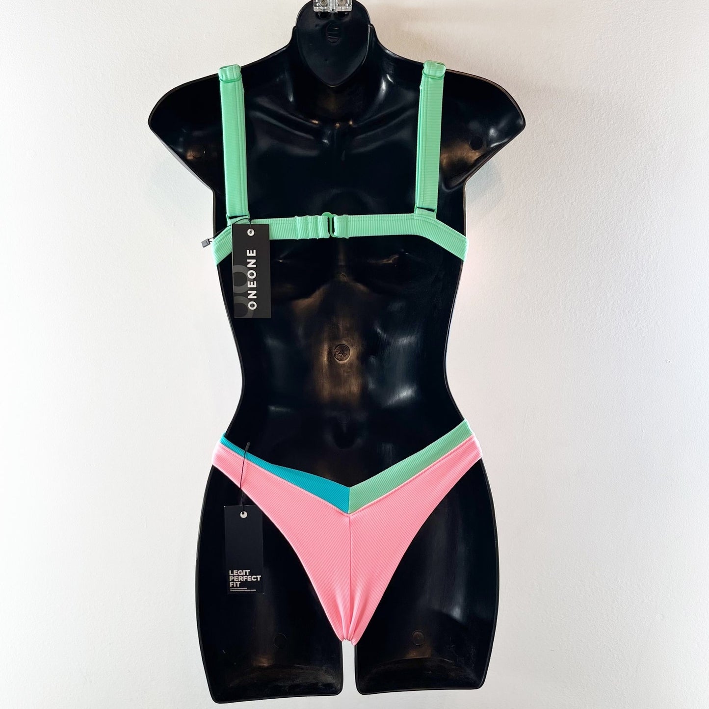 One One Swimwear Triangle Ribbed Colorblock Cheeky Bikini Pink Blue Green XS