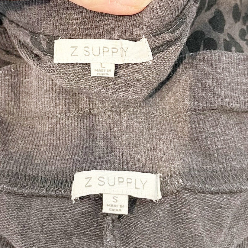 Z Supply Crewneck Long Sleeve Leopard Print Sweatshirt and Sweatpants Set Gray