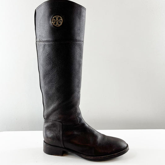 Tory Burch Junction Tumbled Leather Block Heel Knee High Riding Boot Brown 8