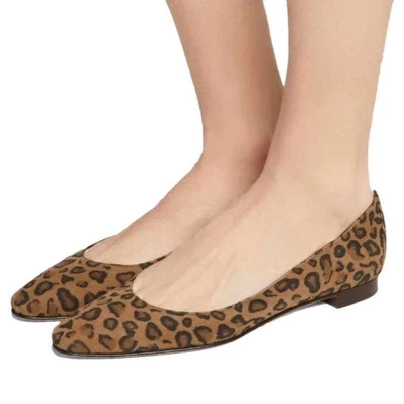 Manolo Blahnik Leopard Print Almond Snip Toe Leather Flats Shoes Brown 7.5