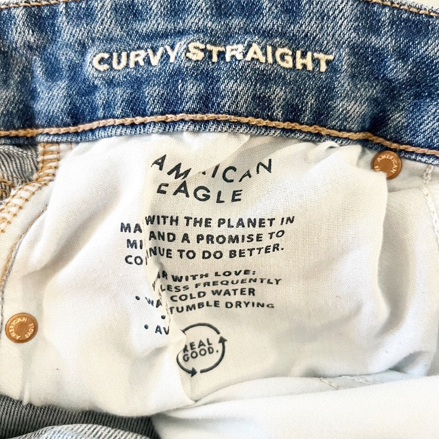 American Eagle High Rise Curvy Straight Leg Distressed Jeans Blue 6 Long