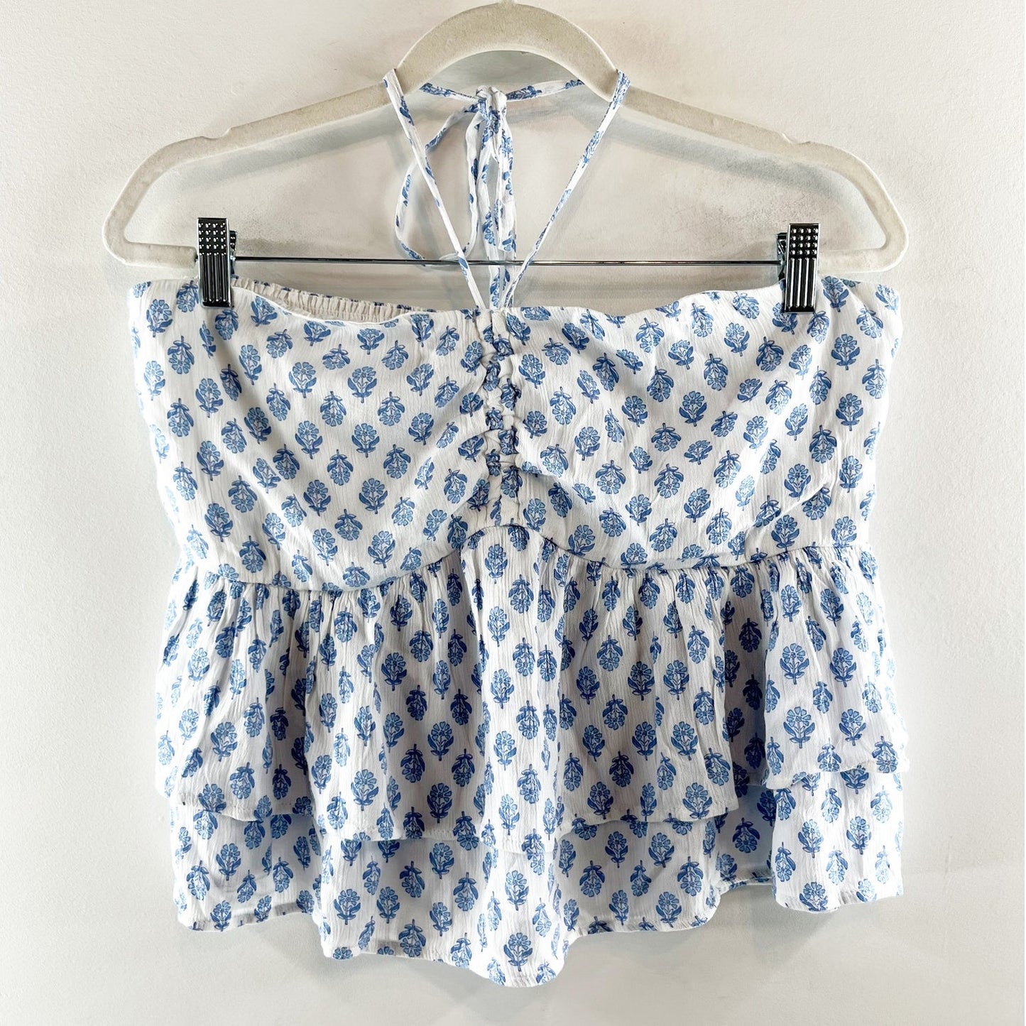 Hollister Tiered Halter Babydoll Tank Top White Blue XL