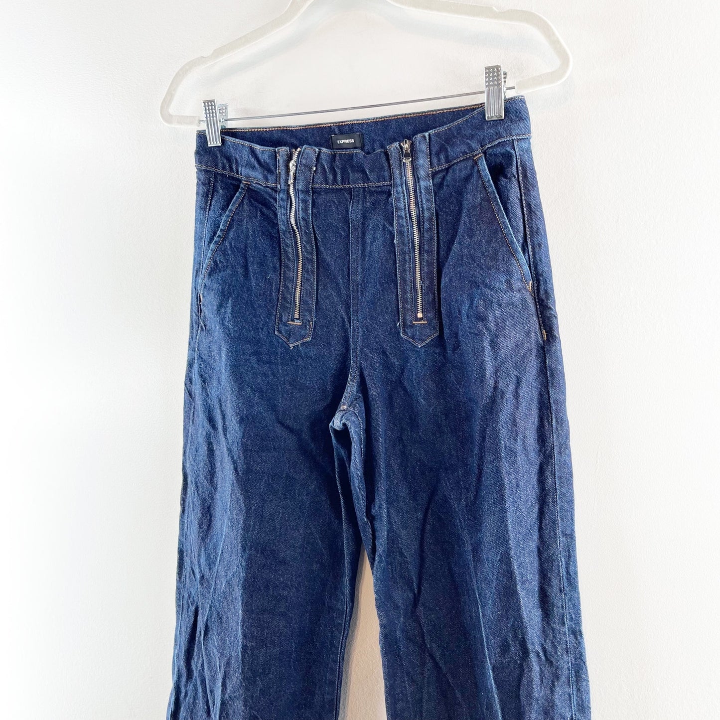 Express High Rise Wide Leg Exposed Double Zipper Dark Wash Jeans 4 Petite