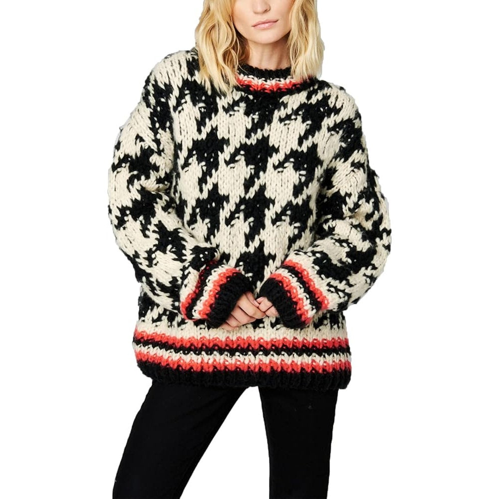 Blank NYC Chunky Long Sleeve Crewneck Houndstooth Sweater Black White Small