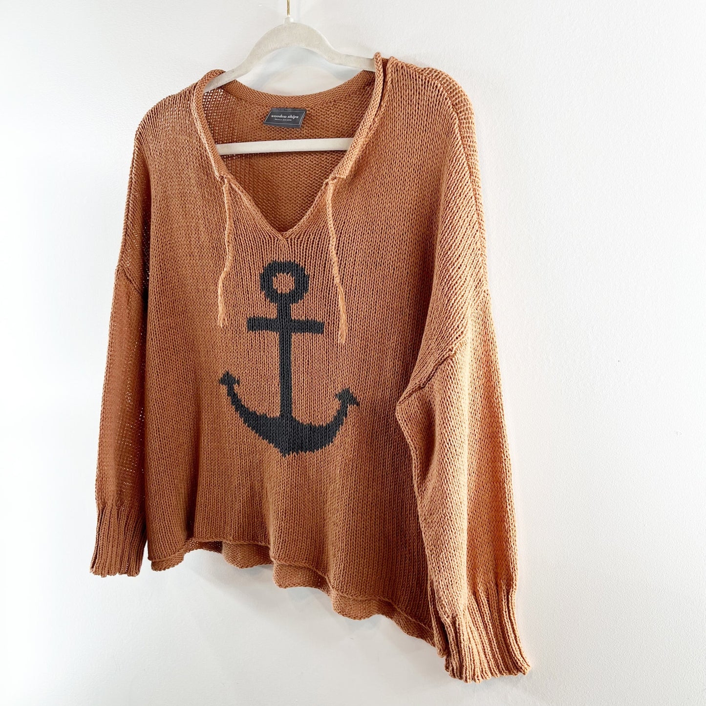 Wooden Ships Long Sleeve V Neck Cotton Anchor Sweater Brown M / L