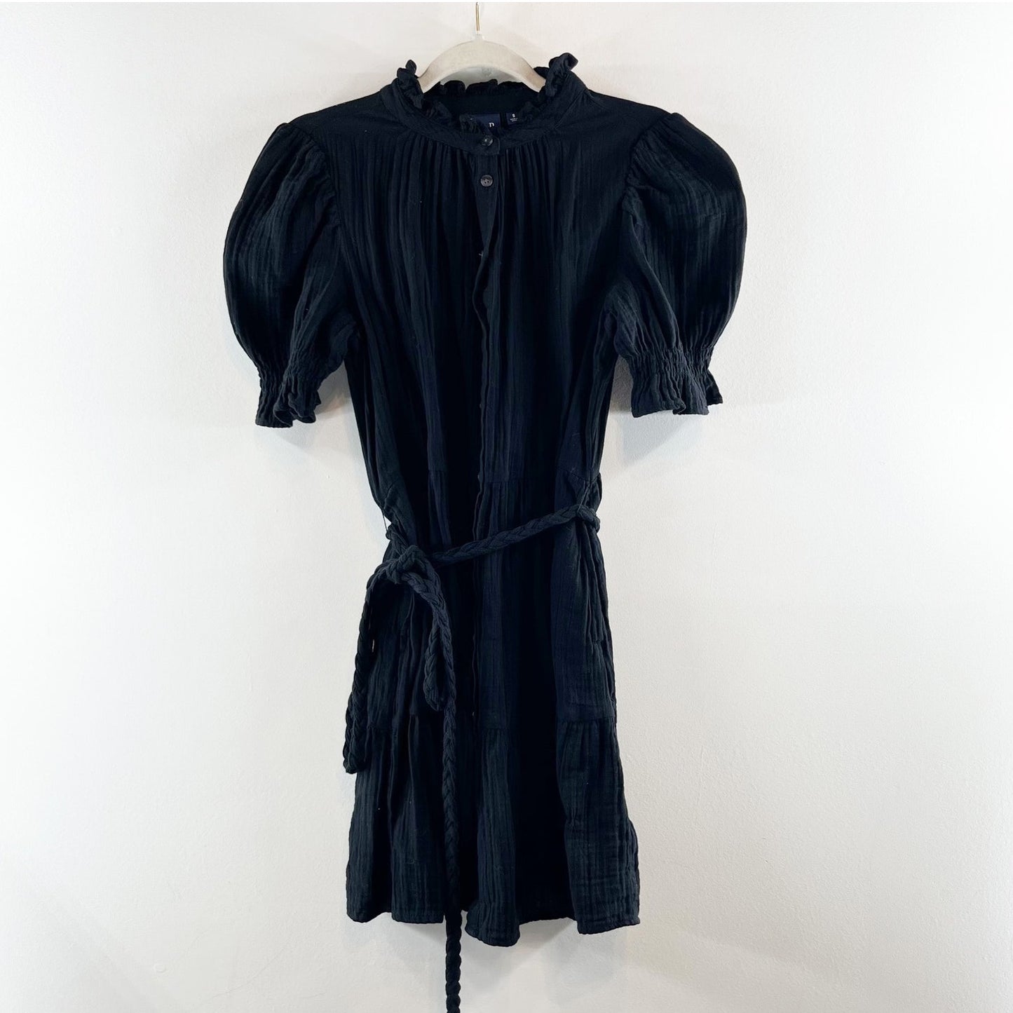 GAP Short Puff Sleeve Belted Crinkle Gauze Tiered Mini Dress Black Small