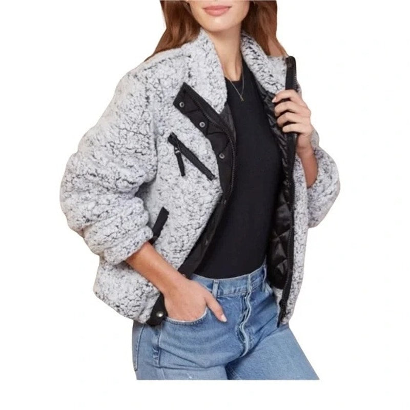 Blank NYC Long Sleeve Full Zip Sherpa Fleece Cropped Jacket Gray Medium