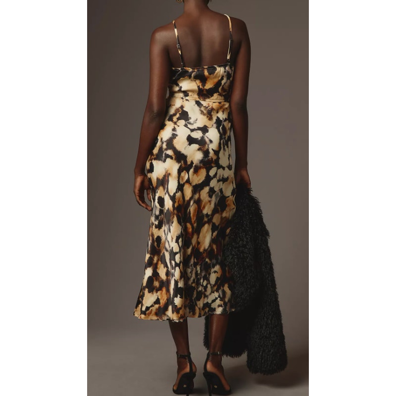 Conditions Apply Anthropologie High Neck Midi Slip Dress Leopard Black Tan Small