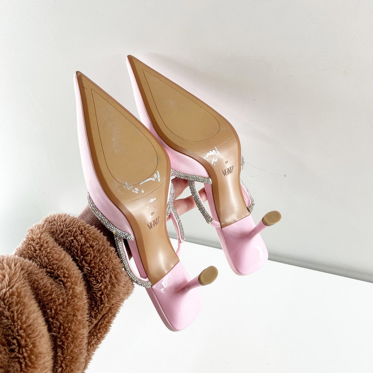 ZARA Pointed Toe Rhinestone Trim Mule Kitten Heel Shoes Pink 40 / 10