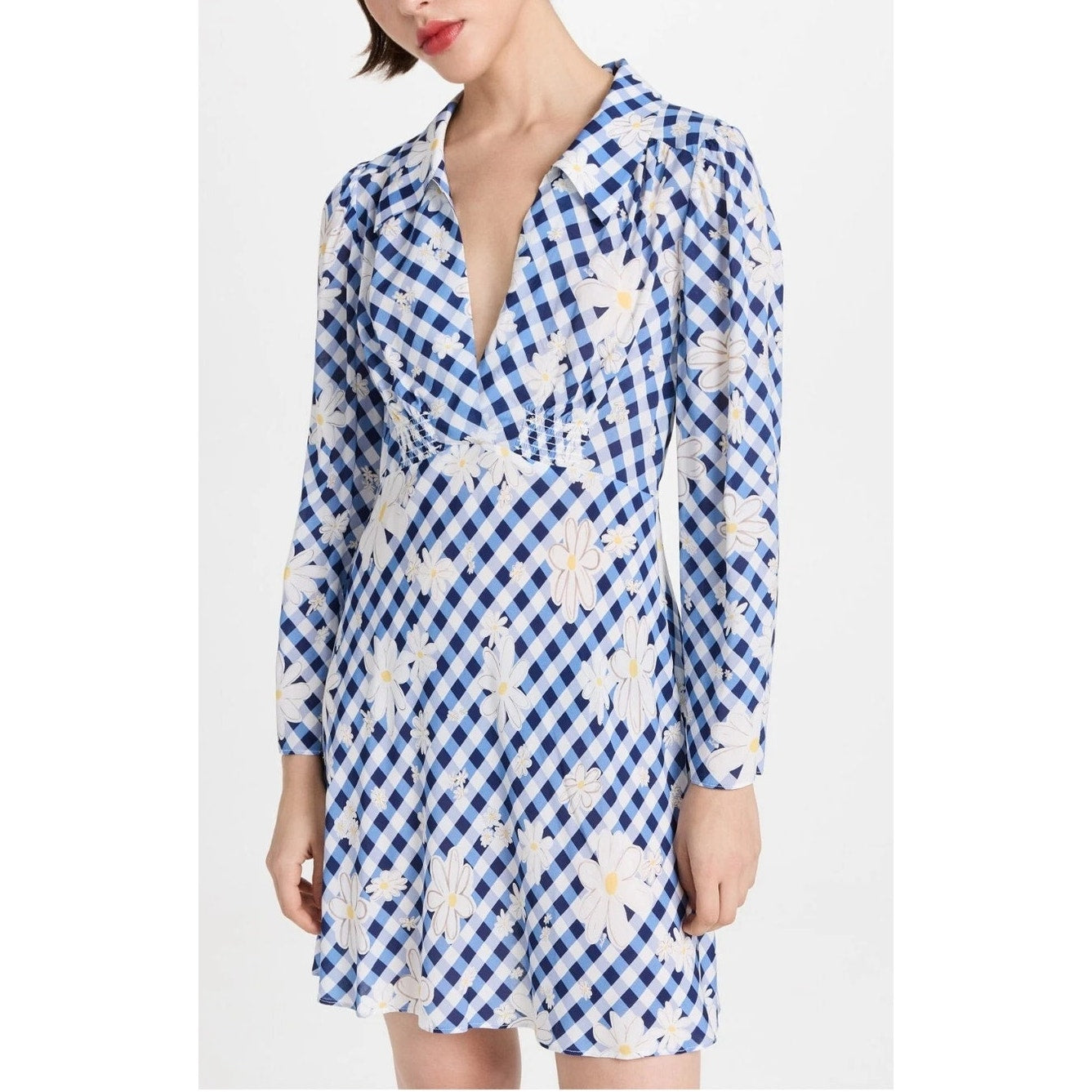 RIXO Renata Riviera Daisy Check Print Mini Dress Blue and White US 4 / XS