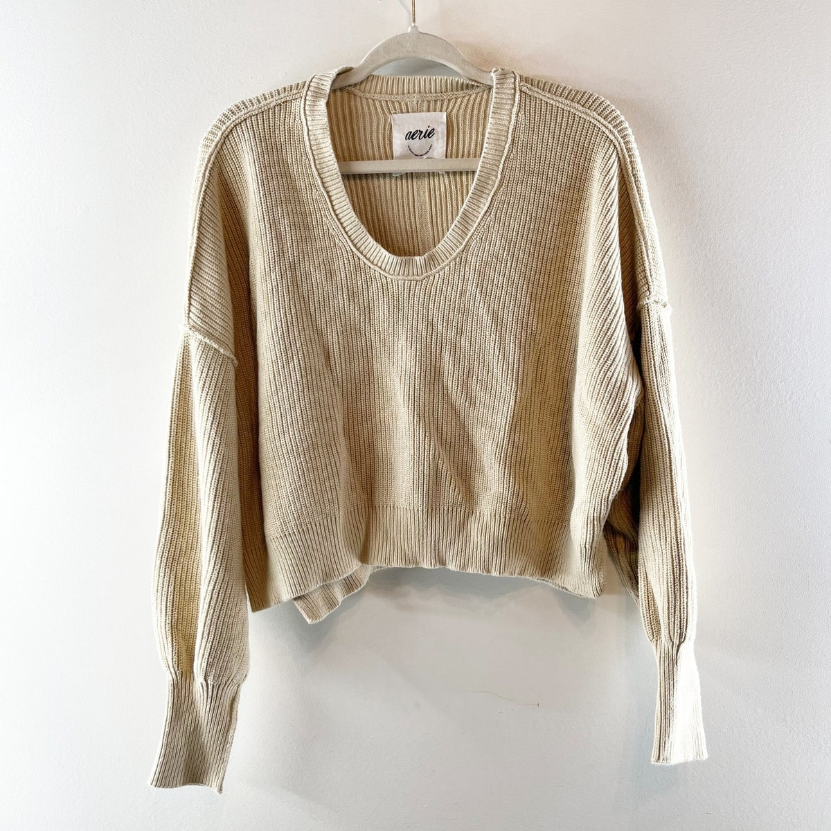 Aerie Beyond Ribbed Long Sleeve Cropped Scoopneck Sweater Tan Beige Medium