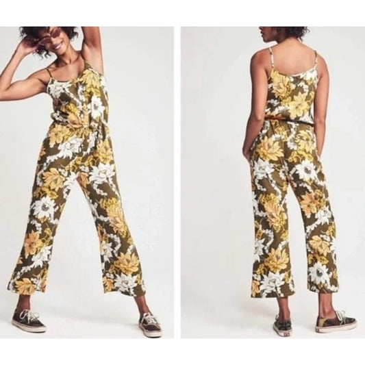 Faherty Leila Floral Sleeveless Flare Leg Cropped Jumpsuit Olive Mauna Kea XS