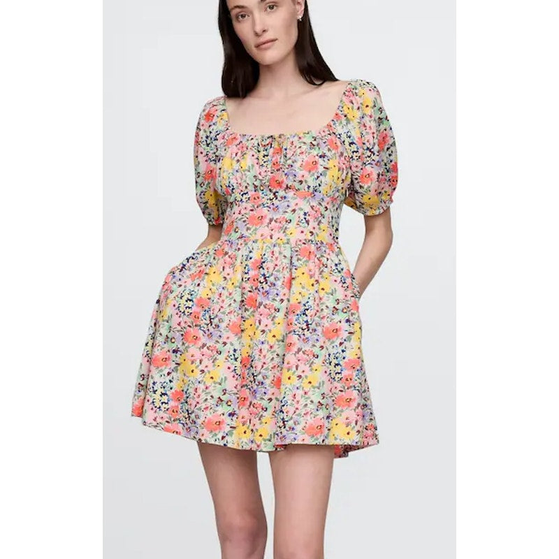 Gap Floral Puff-Sleeve Square Neck Smocked Babydoll Mini Dress Multicolor XS