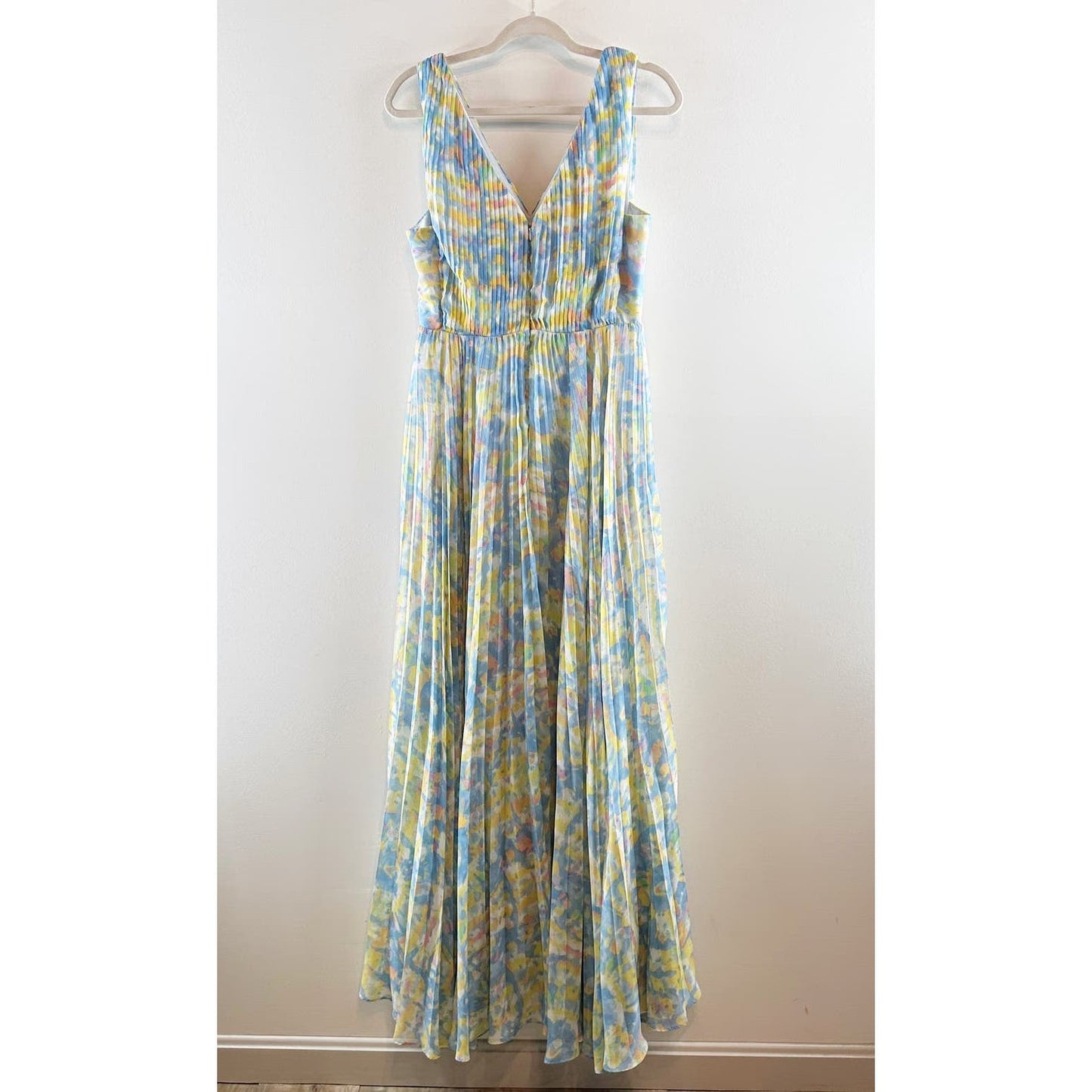 Laundry By Shelli Segal Pleated Knee High Slit Tie Dye Maxi Dress Blue Yellow 6