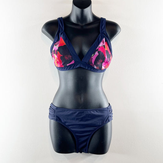 Athleta Floral Triangle Two Piece Bikini Set Navy Blue Pink Medium / Large