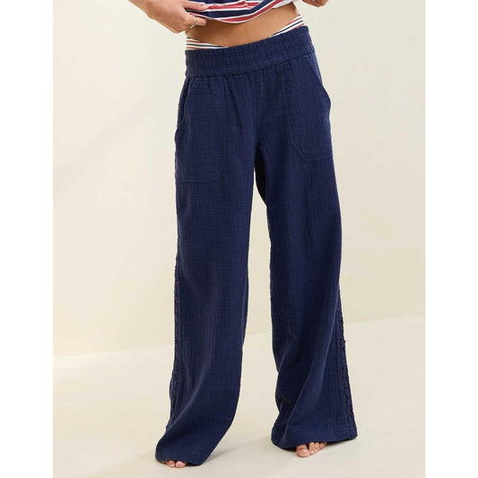 Aerie Summer Reset Trouser Gauzy Wide Leg Lace Trim Pants Navy Blue Small