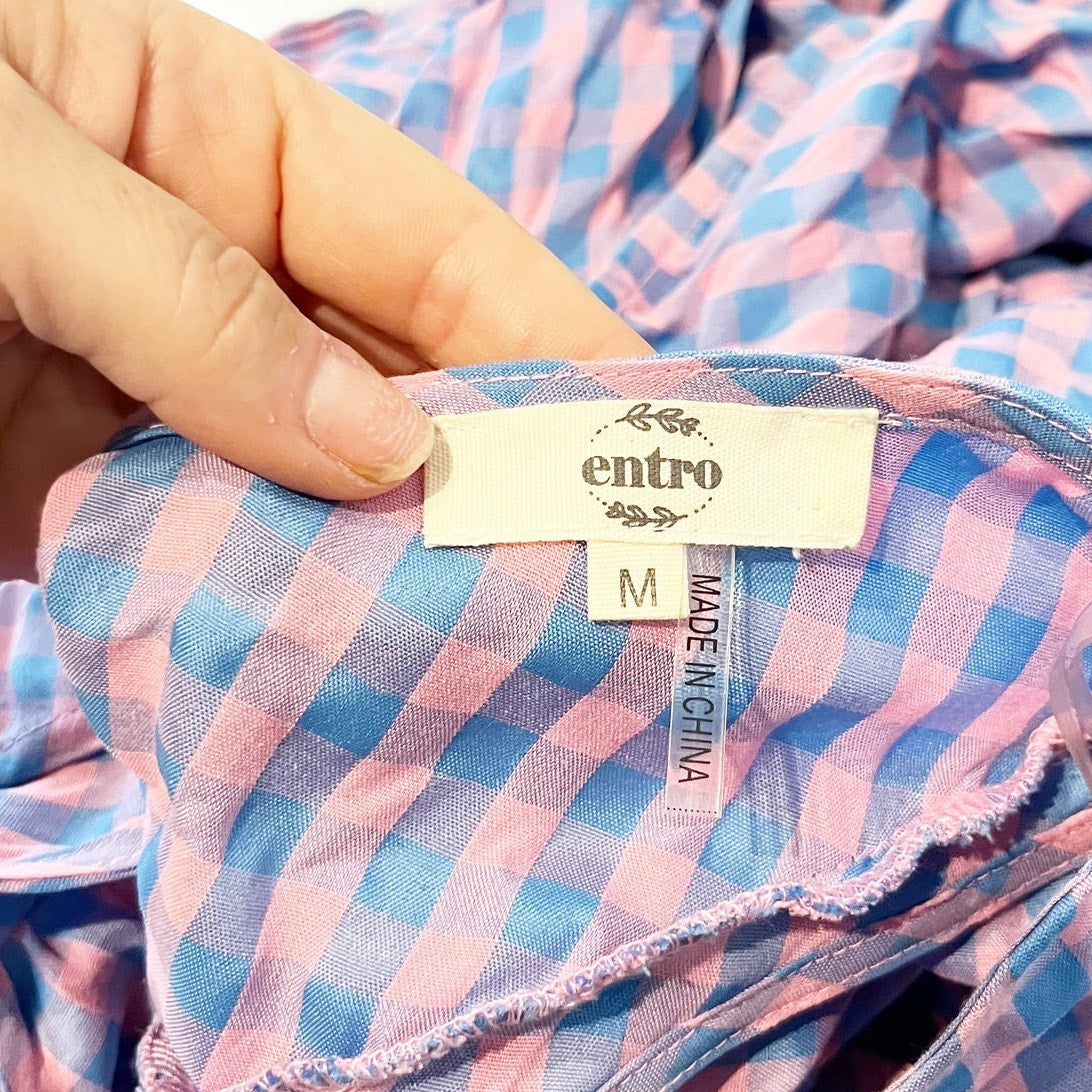 Entro Gingham Print Flutter Sleeve Square Neck Maxi Dress Purple Pink Medium