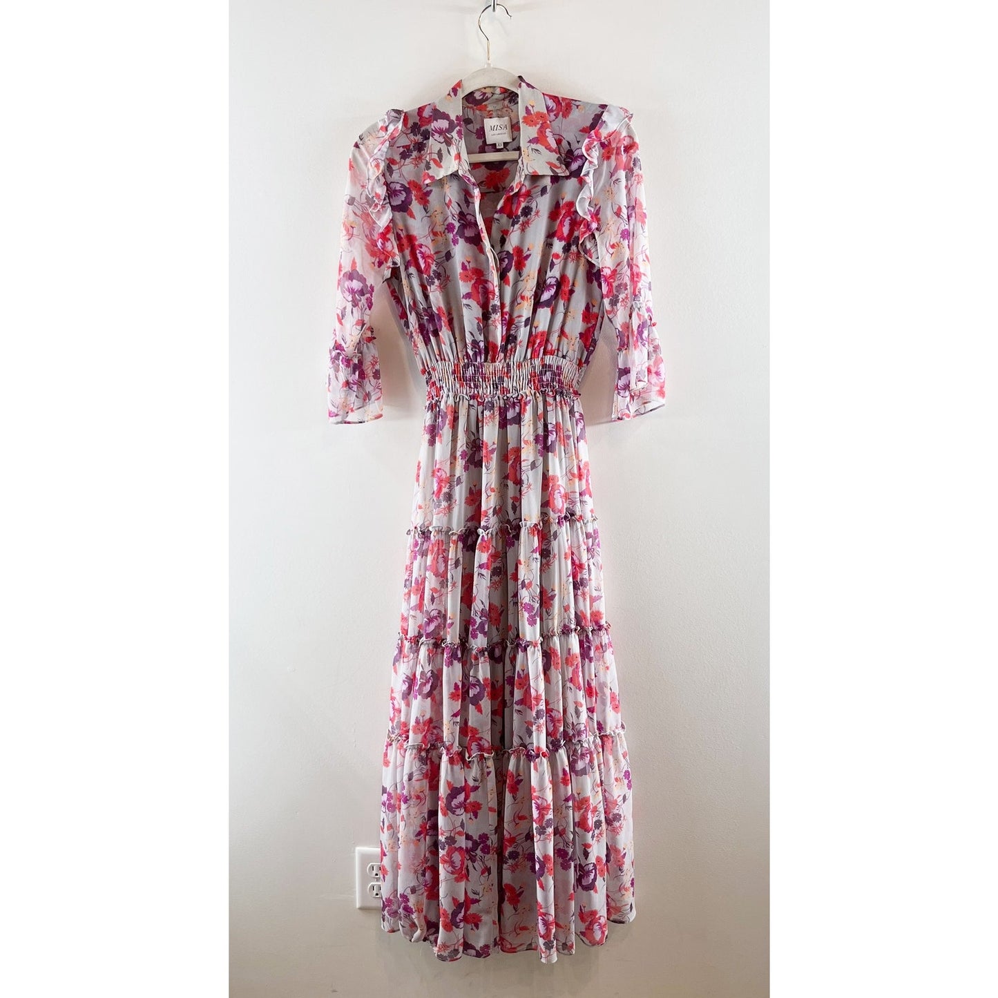MISA Los Angeles Pamelina 3/4 Sleeve Ruffled Maxi Shirt Dress Lilac Floral XS