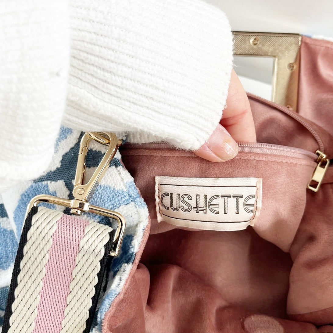 Cushette Dutchess Crossbody Velvet Purse Handbag Blue White