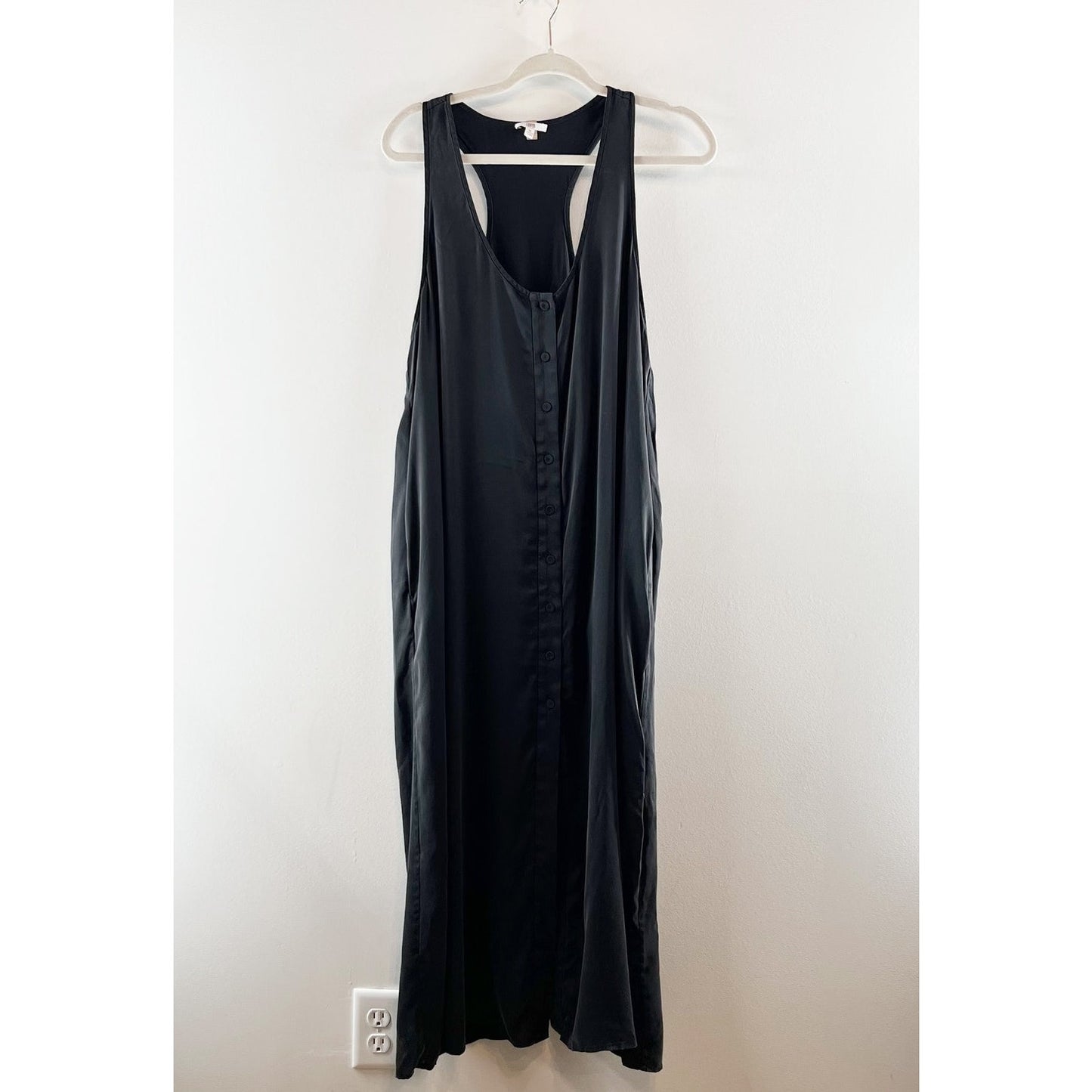 Lunya Washable Silk Sleeveless Scoop Neck Button Front Midi Tank Dress Black XL