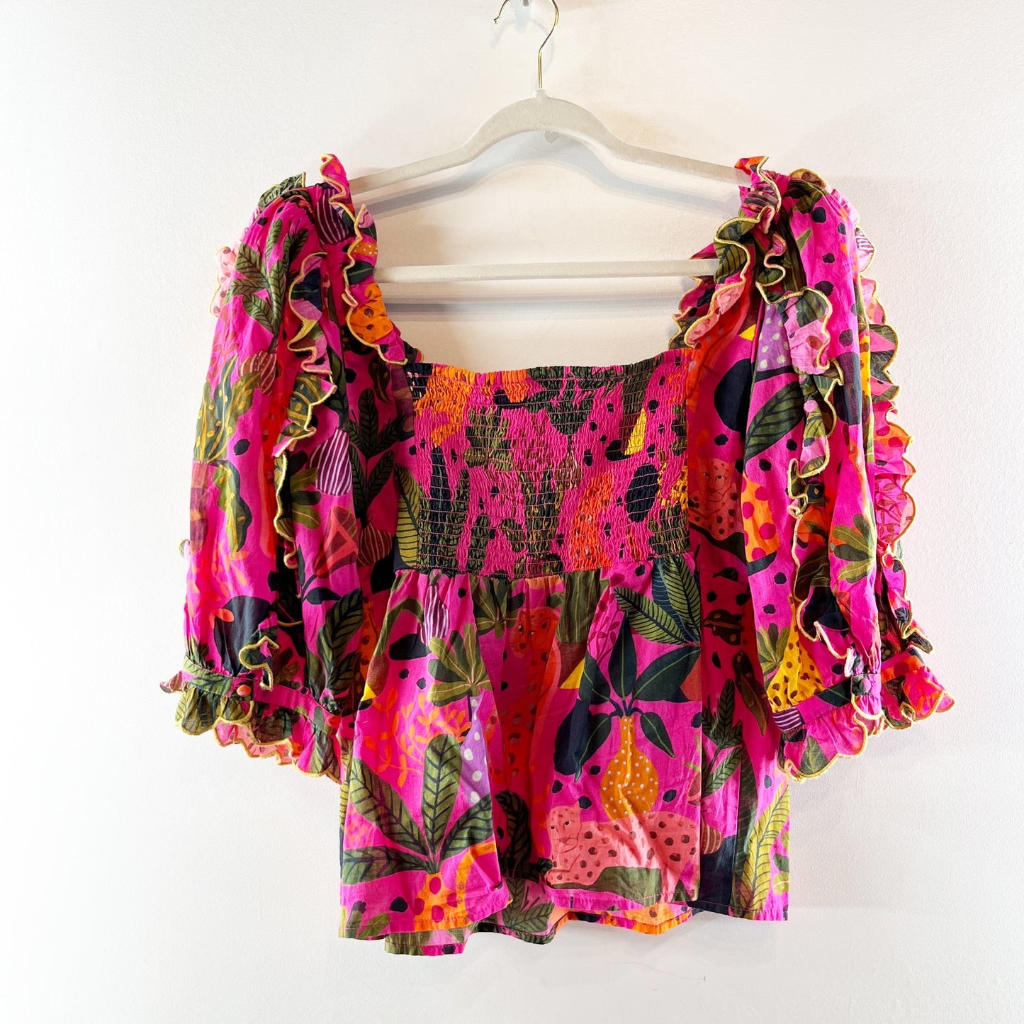 FARM Rio Pop Leopards Floral Puff Sleeve Ruffled Cotton Blouse Pink Large
