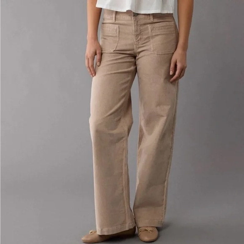 American Eagle Low Rise Baggy Wide Leg Corduroy Pants Tan Beige 8