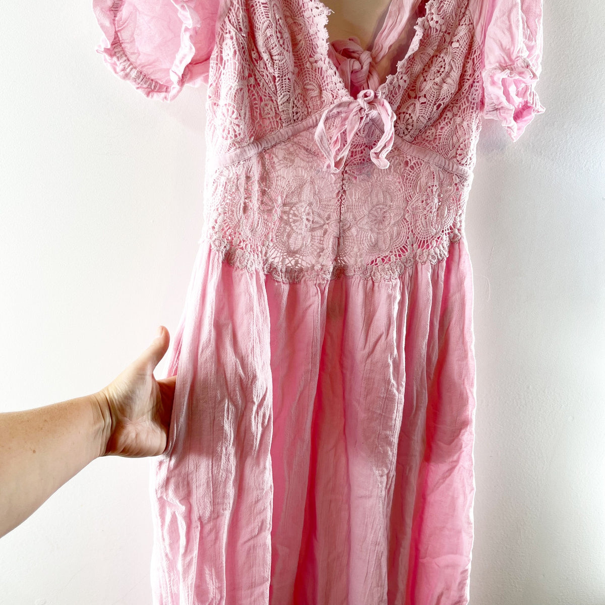 Free People All You Need Is Lace Short Sleeve Cotton Midi Dress Pink Large