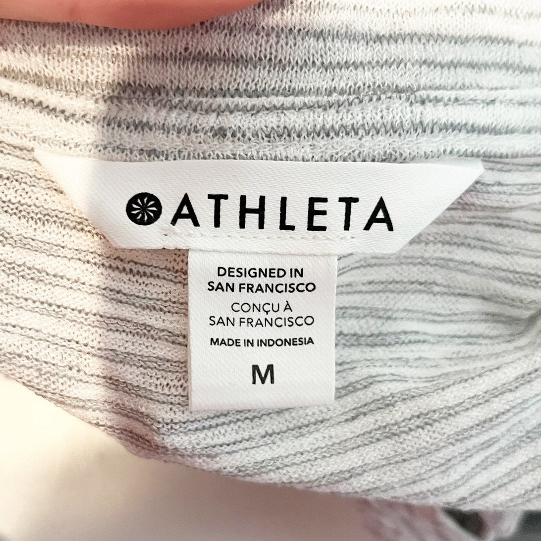 Athleta Breezy Scoop V Neck Short Sleeve Tee Shirt Gray White Stripe Medium