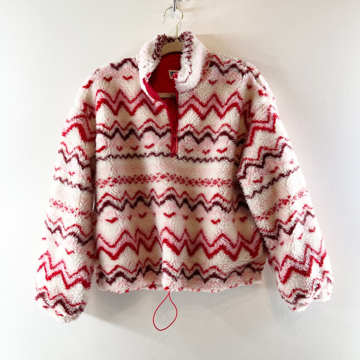 Beach Riot Leona Slopes Quarter Zip Fleece Sherpa Pullover Jacket Red White S
