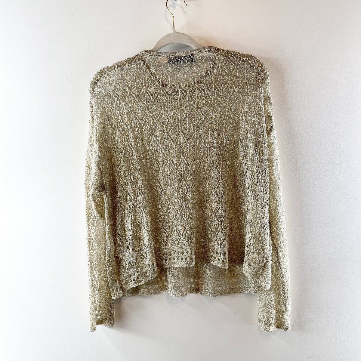 Zara Metallic Thread Long Sleeve Pointelle Knit Jumper Sweater Gold Small